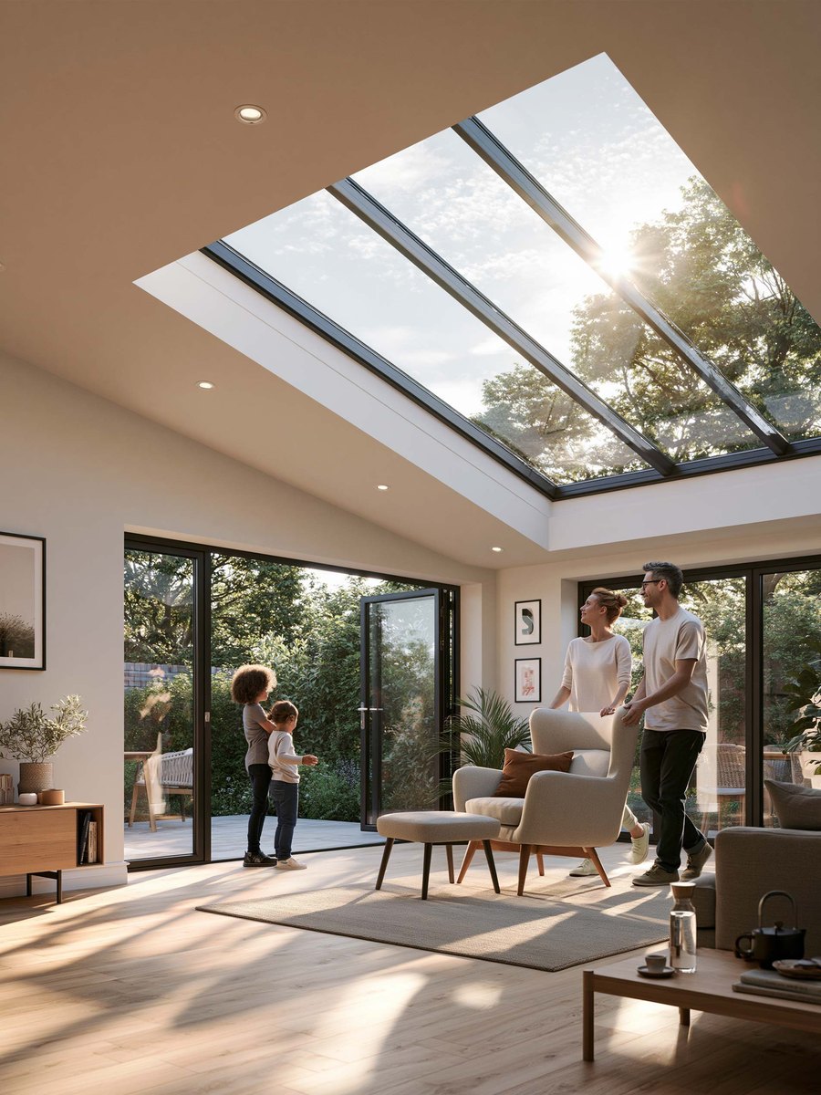 A family in a finished room with a large skylight overhead and garden doors standing open