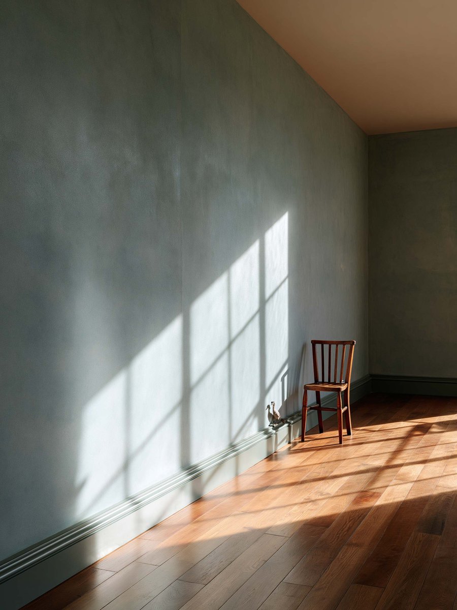 An empty room with a wooden chair, window light raking across a smooth finished wall
