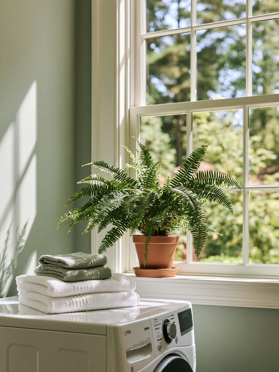 A laundry room with folded towels and a fern on the windowsill, everything dry and settled