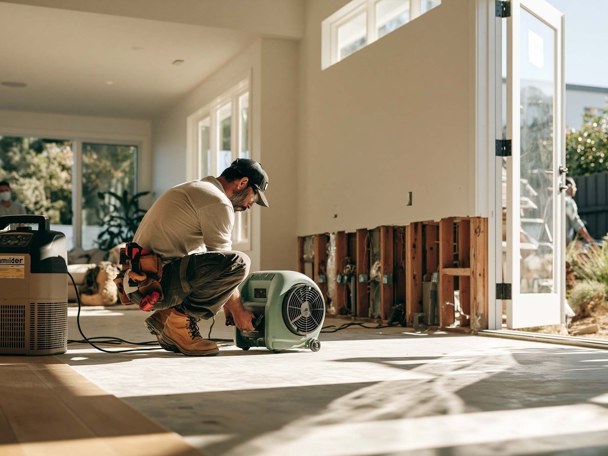 A contractor setting up an air mover beside a wall opened back to the studs, dehumidifier running