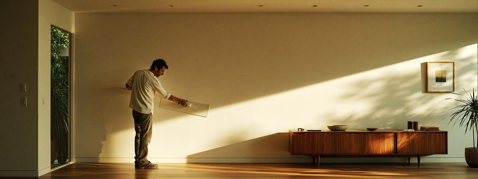A drywaller smoothing a long living room wall with a finishing trowel in low afternoon sun